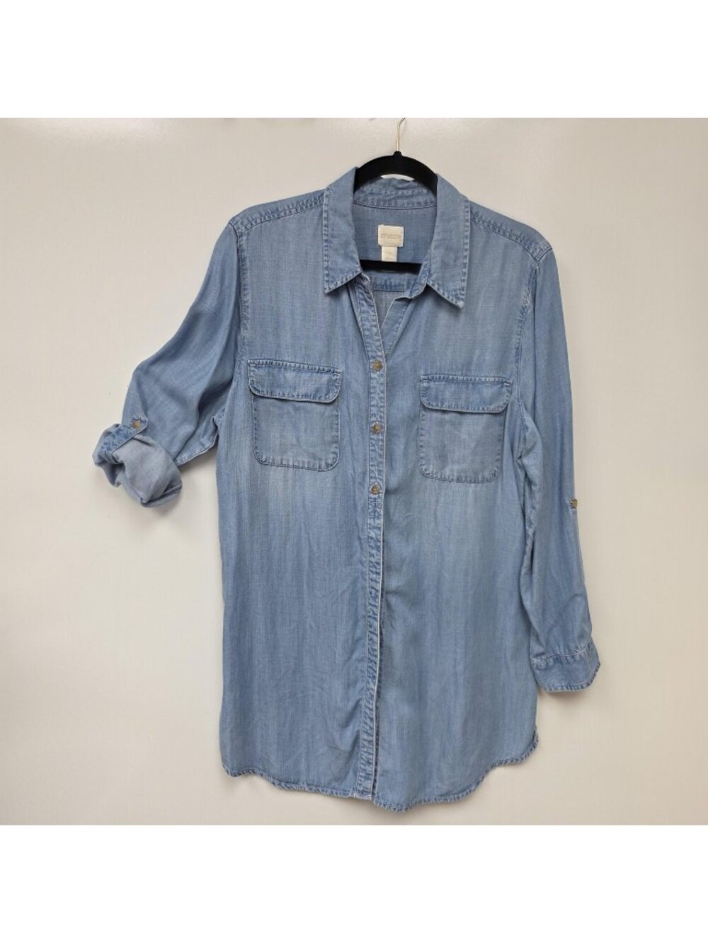 Chico's Shirt Womens 2 Blue Tencel Chambray Button Front Roll Tab Tunic Top